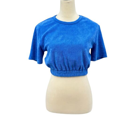 Monrow NWT Solid Blue Textured Terry Cloth Short Sleeve Cropped Athleisure Shirt - Picture 1 of 12